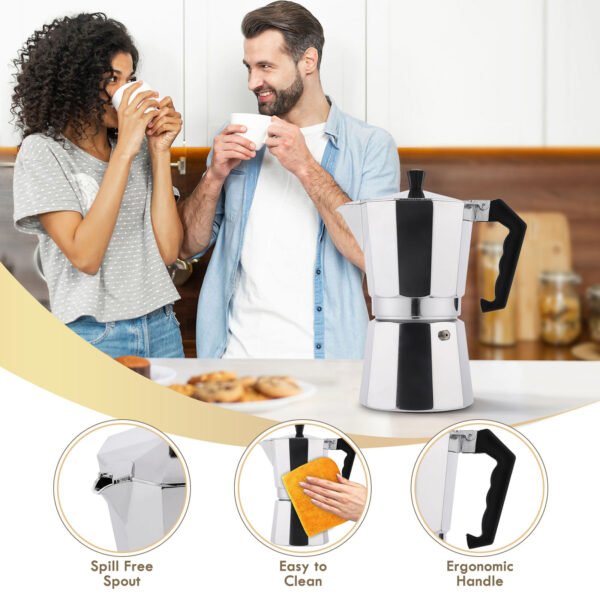 RAINBEAN Stovetop Espresso Maker 180ml For 3 Cups Espresso, Italian Moka Pot Coffee Maker, For Coffee Latte Mocha Cappuccino Macchiato Cuban Cafe Makers, Silver - Image 6