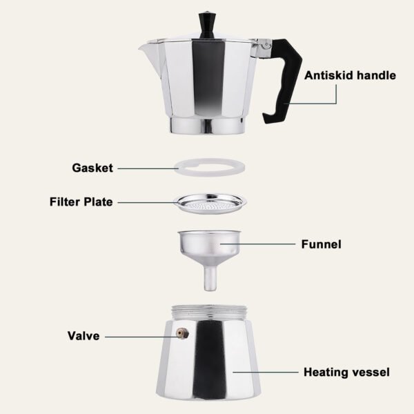 RAINBEAN Stovetop Espresso Maker 180ml For 3 Cups Espresso, Italian Moka Pot Coffee Maker, For Coffee Latte Mocha Cappuccino Macchiato Cuban Cafe Makers, Silver - Image 5