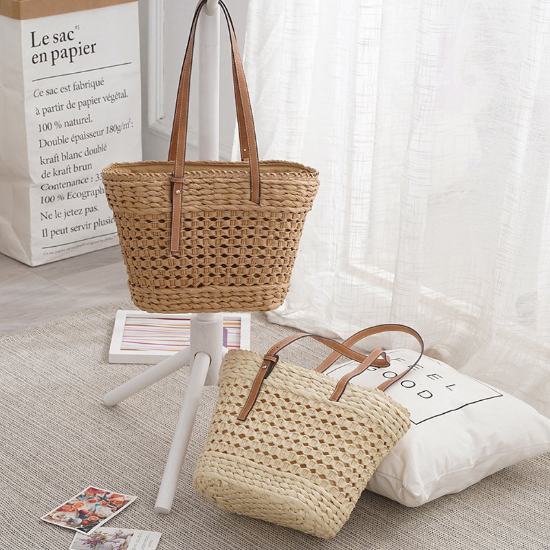 Large Capacity Fashion Urban Simple White Khaki Straw Braided Bag - Image 3