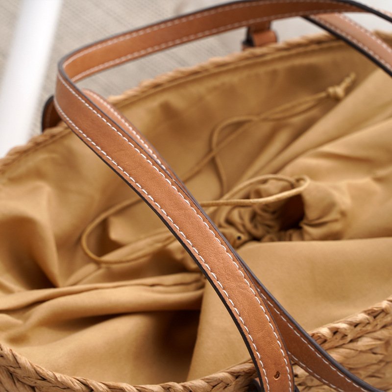 Large Capacity Fashion Urban Simple White Khaki Straw Braided Bag - Image 5