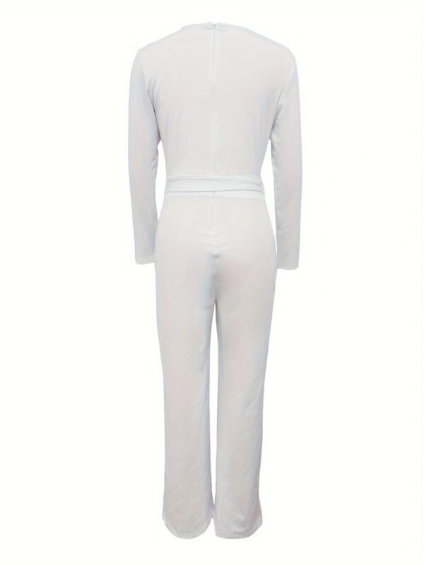 Women's Solid Color Long Sleeved V-neck Bow Tie Design Slimming And Fashionable Jumpsuit - Image 3