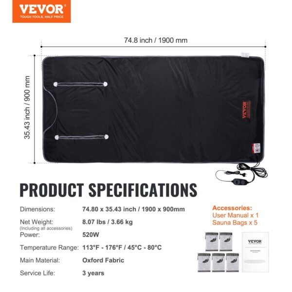 VEVOR Sauna Blanket For Detoxification, Portable Far Infrared Sauna For Home, Oxford Sauna Bag Warm Holes & Carbon Fiber Heating, 1-6 Level Adjustable Temp 95-176F, 5-60 Minutes Timer, 75 X 35 In - Image 4