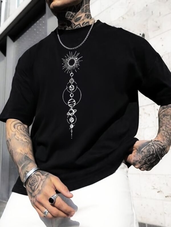 Large Men's Planet Patterned Round Neck Short Sleeved T-shirt, Men's T-shirt, Summer Casual And Fashionable Tops, And Sportswear