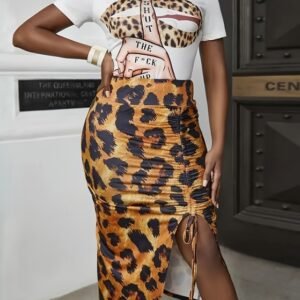Ladies' Round Neck Printed Leopard Print Split Skirt Set