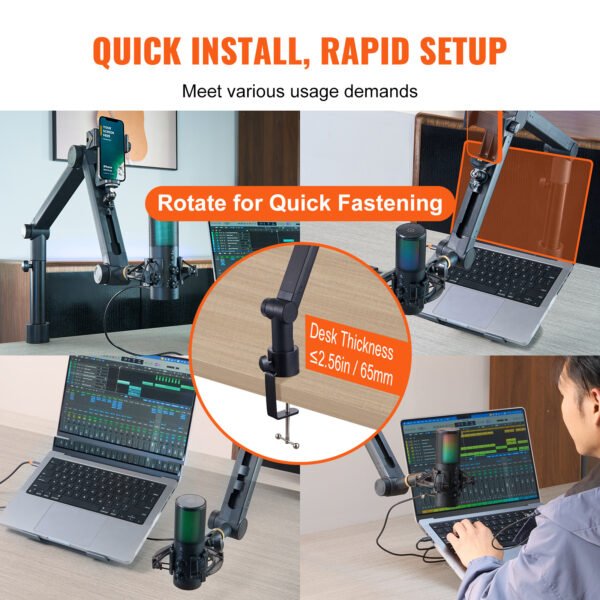 VEVOR Microphone Boom Arm With Desk Mount,  Rotatable, Adjustable Mic Stand With Adapter Port Headset Hook, For Blue Hyperx Quadcast Blue Snowball Shure SM7B Audio Technica - Image 3