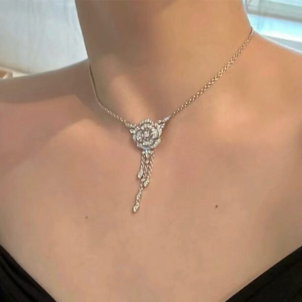 Female 925 Silver Inlaid Zirconia Diamond Camellia Tassel Necklace - Image 5