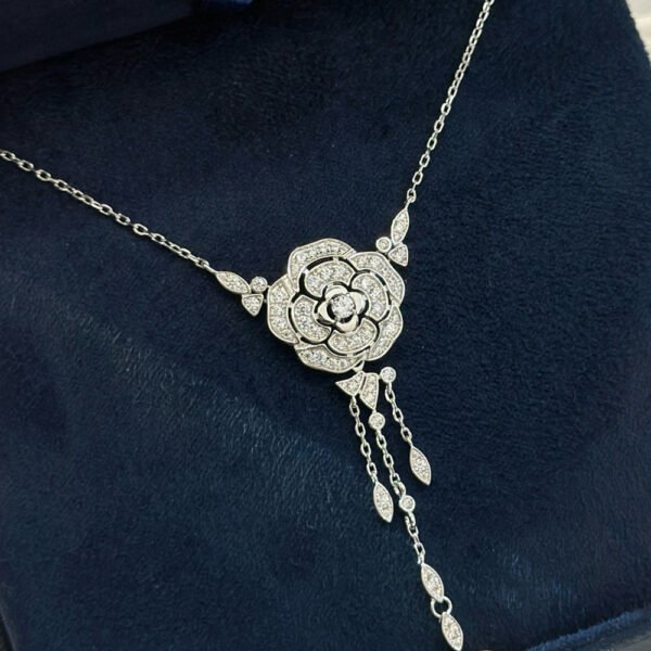 Female 925 Silver Inlaid Zirconia Diamond Camellia Tassel Necklace - Image 3