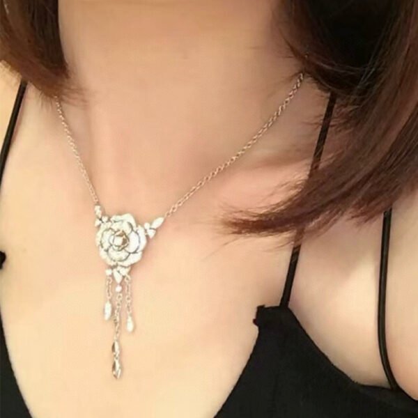 Female 925 Silver Inlaid Zirconia Diamond Camellia Tassel Necklace - Image 2