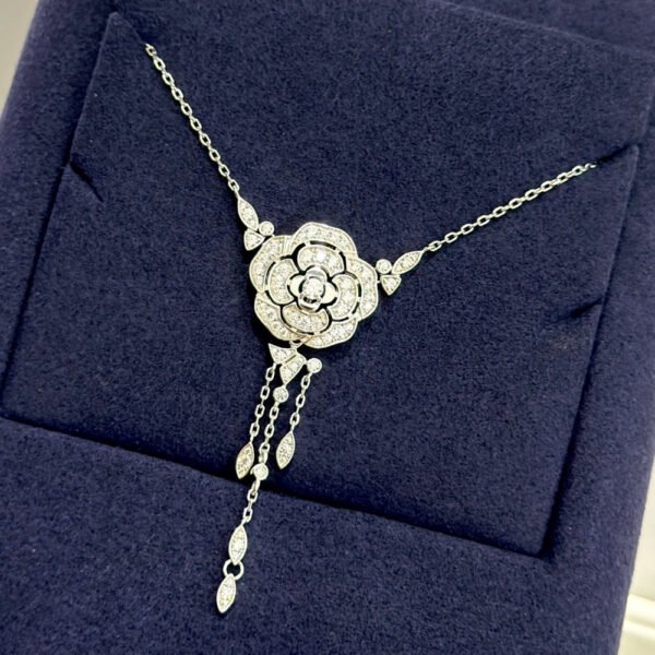 Female 925 Silver Inlaid Zirconia Diamond Camellia Tassel Necklace - Image 4