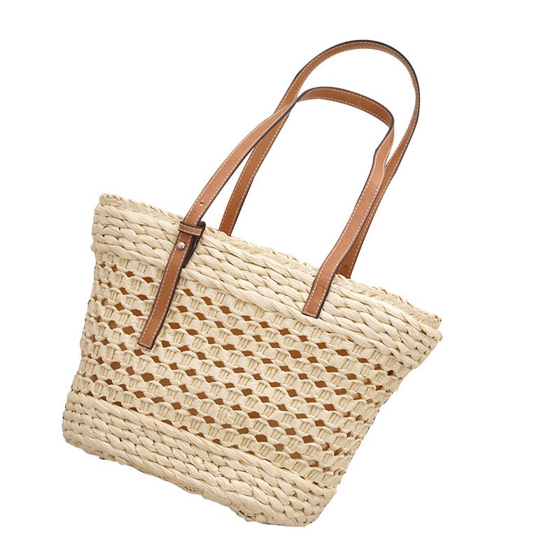 Large Capacity Fashion Urban Simple White Khaki Straw Braided Bag - Image 6