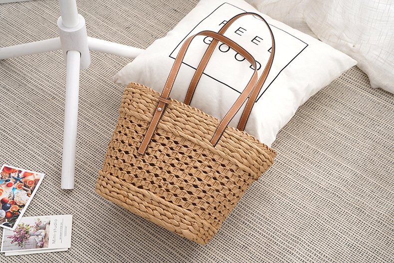 Large Capacity Fashion Urban Simple White Khaki Straw Braided Bag - Image 8