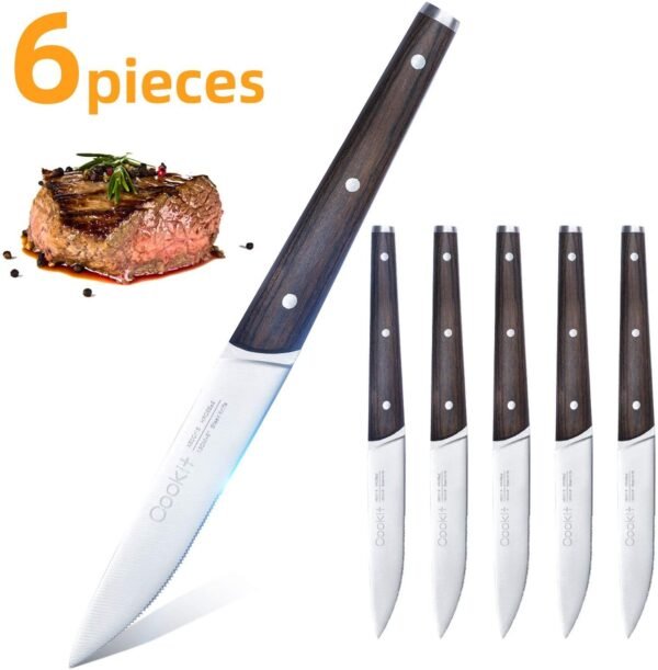 6Pcs Steak Knife Set Serrated Stainless Steel Utility with Wooden Handle for Home Dining Restaurant - Image 2