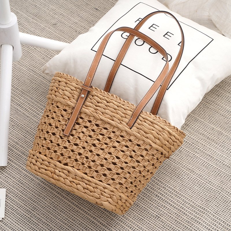Large Capacity Fashion Urban Simple White Khaki Straw Braided Bag - Image 4