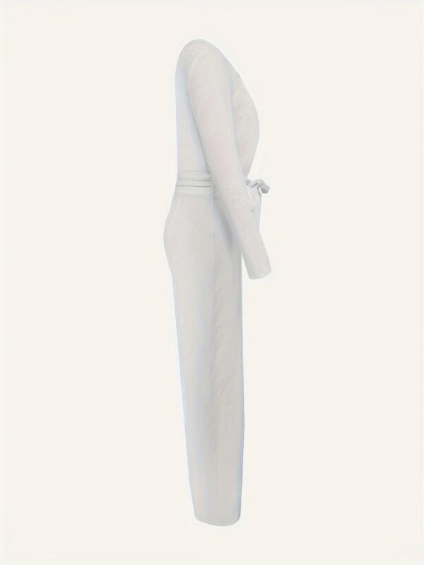 Women's Solid Color Long Sleeved V-neck Bow Tie Design Slimming And Fashionable Jumpsuit - Image 2
