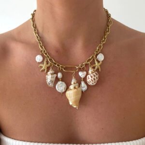 Stainless Steel Conch Hammered Starfish Pearl Pendant Necklace