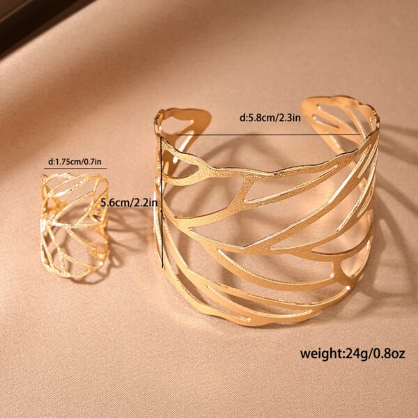 Creative Metal Design Sense Hollow Leaves Opening Ring Bracelet Suit - Image 6