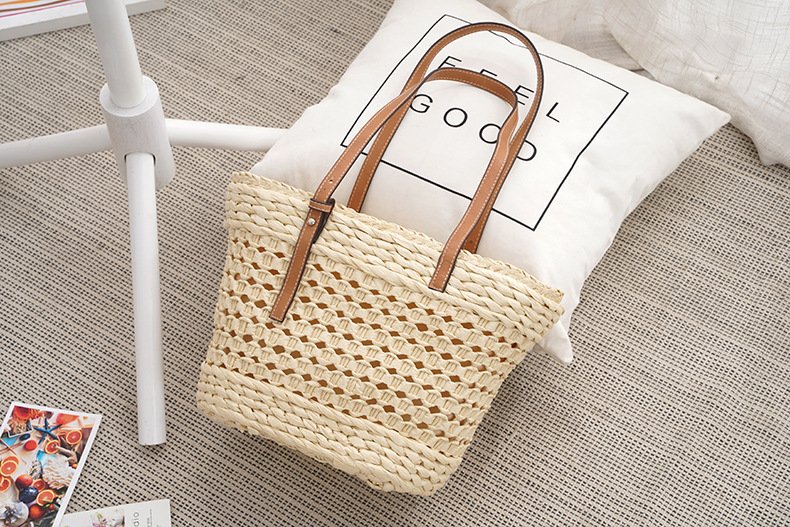 Large Capacity Fashion Urban Simple White Khaki Straw Braided Bag - Image 7
